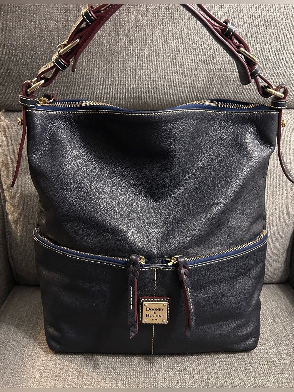 Dooney & Bourke Navy Leather Hobo with Burgundy Trim